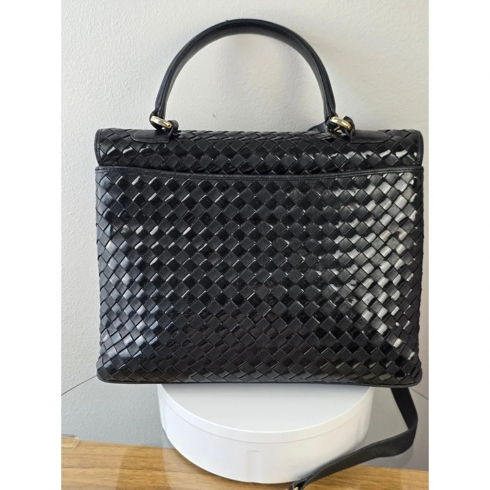 Bally Vintage Black Woven Leather Top Handle Satchel Bag Made in Italy Gold Logo